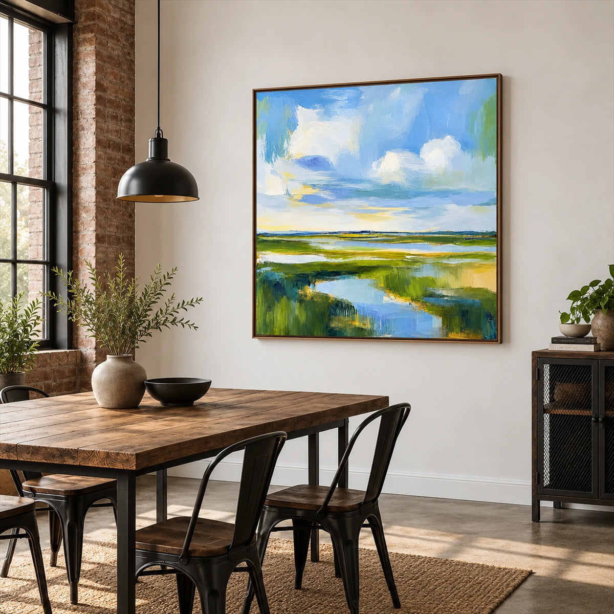 Tidal Meadow artwork displayed beside a dining table and tall windows.