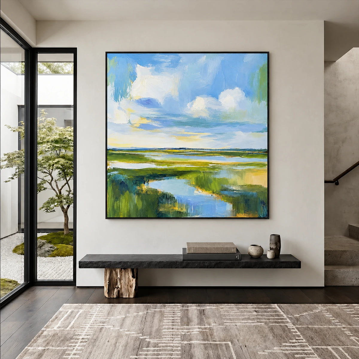 Tidal Meadow artwork displayed above a dark entryway bench.