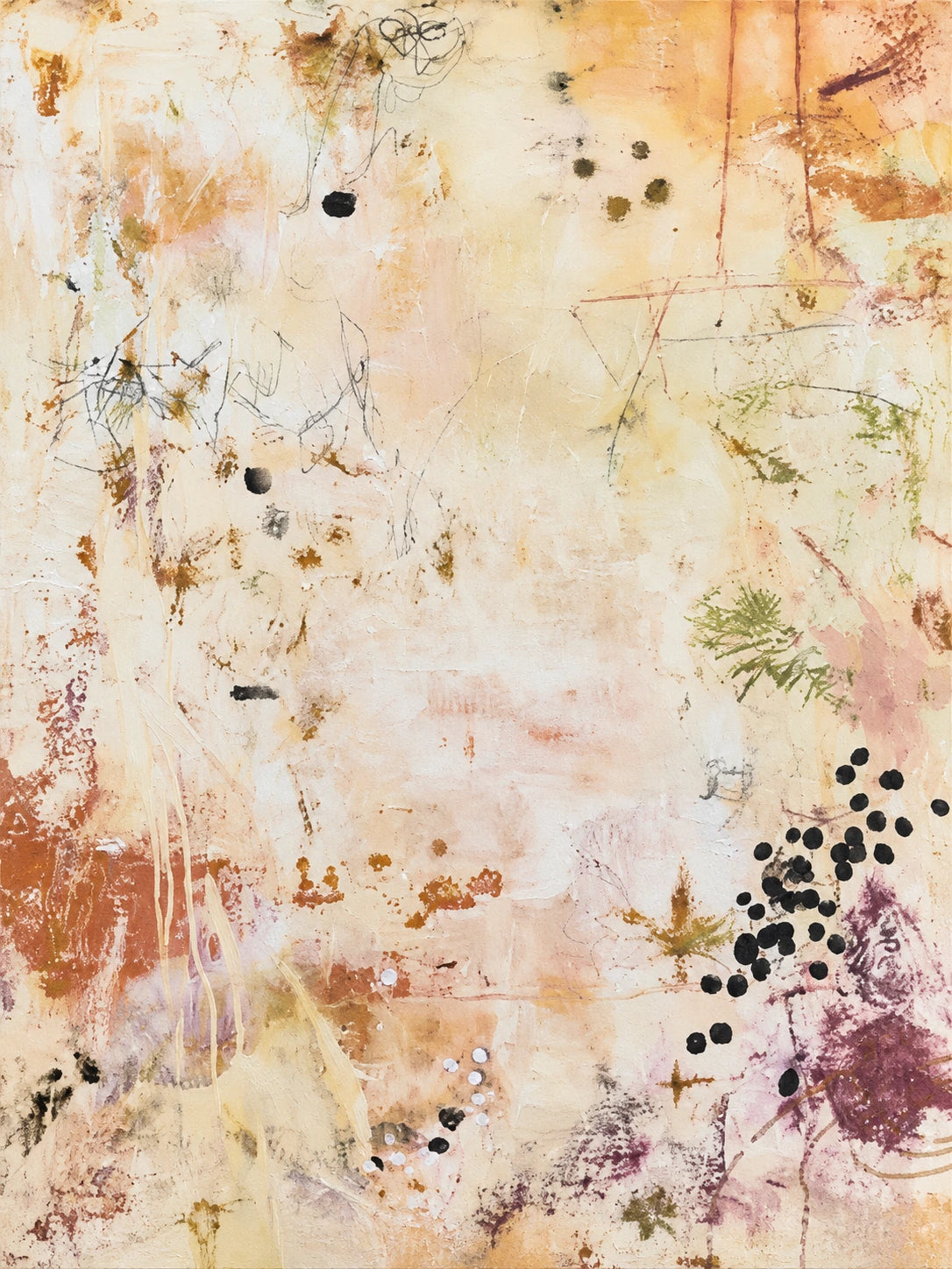 Amber Traces full artwork. Warm ivory, peach, and ochre layers form a softly weathered field, interrupted by fine lines, dark dotted clusters, and muted plum marks.