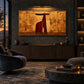 Ochre Longhorn artwork displayed above a low cabinet in a dark lounge.