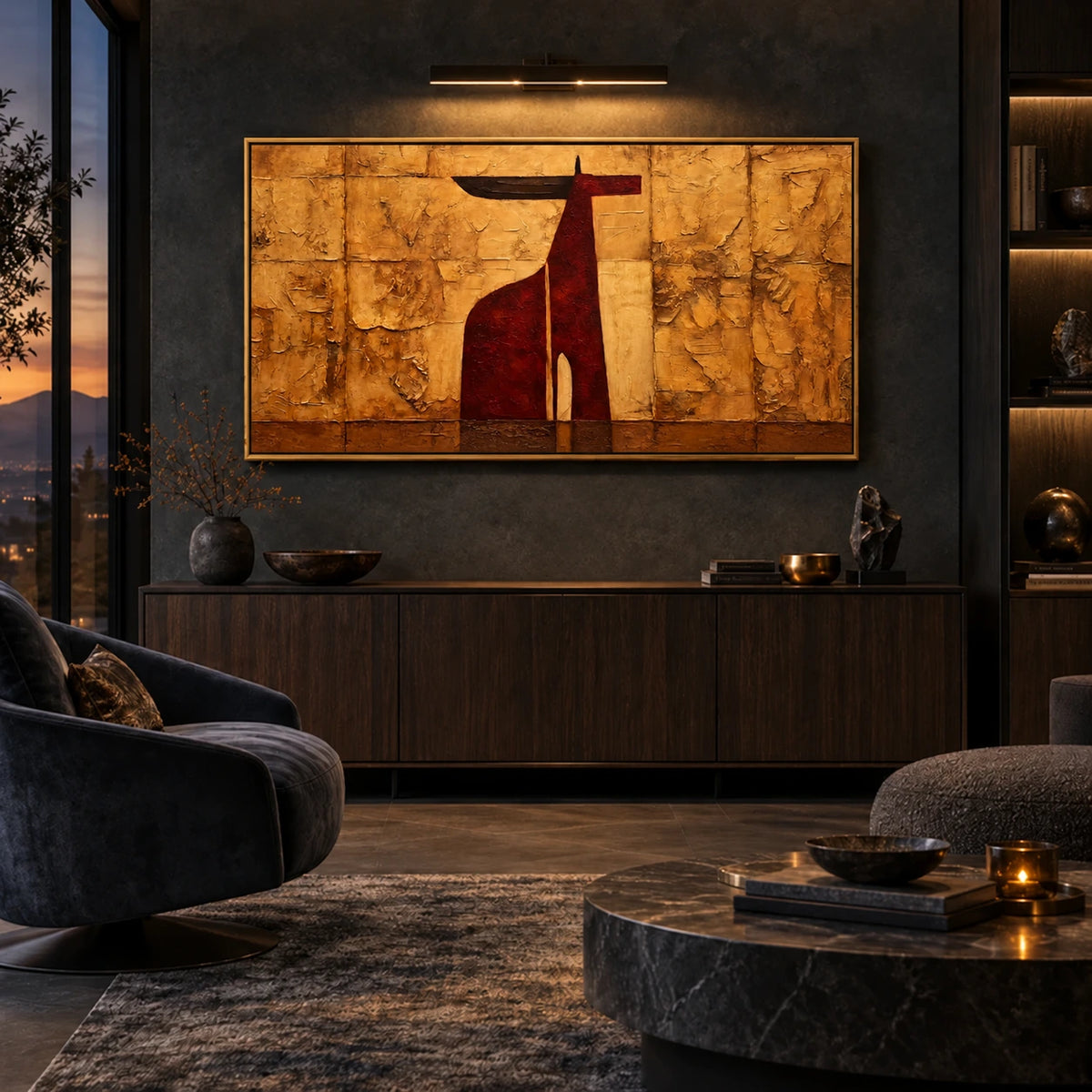 Ochre Longhorn artwork displayed above a low cabinet in a dark lounge.