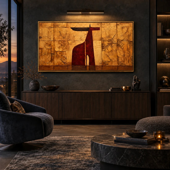 Ochre Longhorn artwork displayed above a low cabinet in a dark lounge.