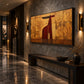 Ochre Longhorn artwork displayed above a long bench in a warm hallway.