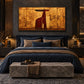 Ochre Longhorn artwork displayed above a bed with blue-gray bedding.
