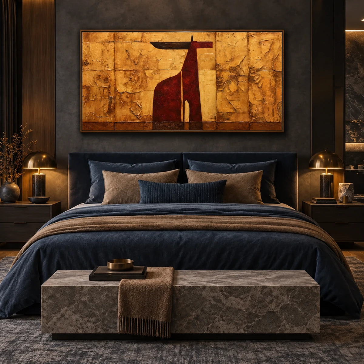 Ochre Longhorn artwork displayed above a bed with blue-gray bedding.