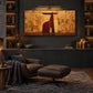 Ochre Longhorn artwork displayed above a dark cabinet beside lounge seating.