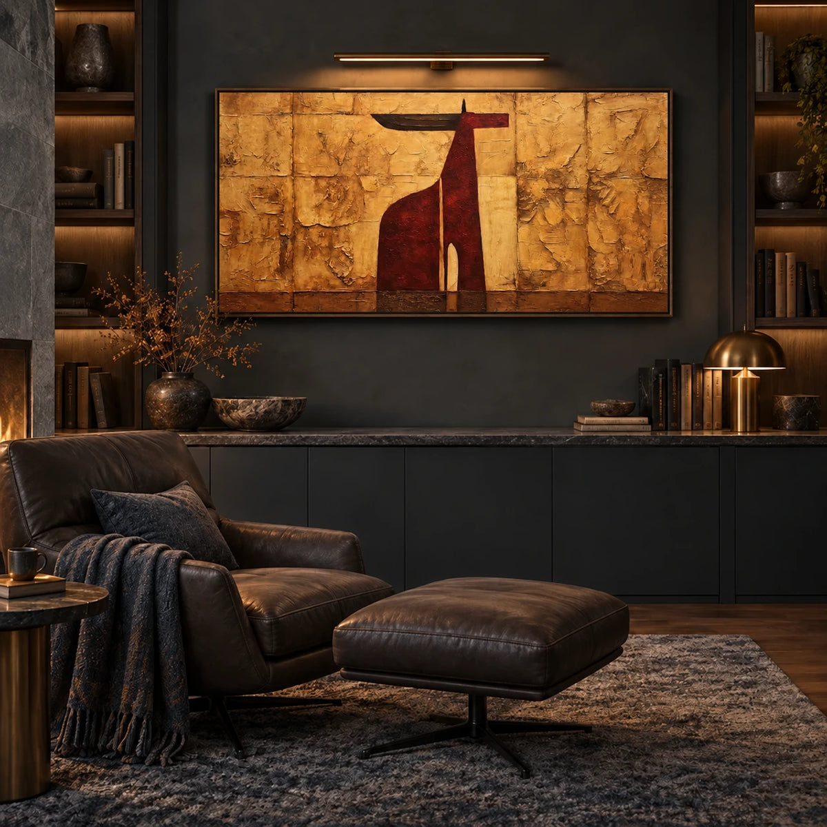 Ochre Longhorn artwork displayed above a dark cabinet beside lounge seating.