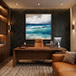 Azure Breakers artwork displayed above a wooden desk in a warm office.