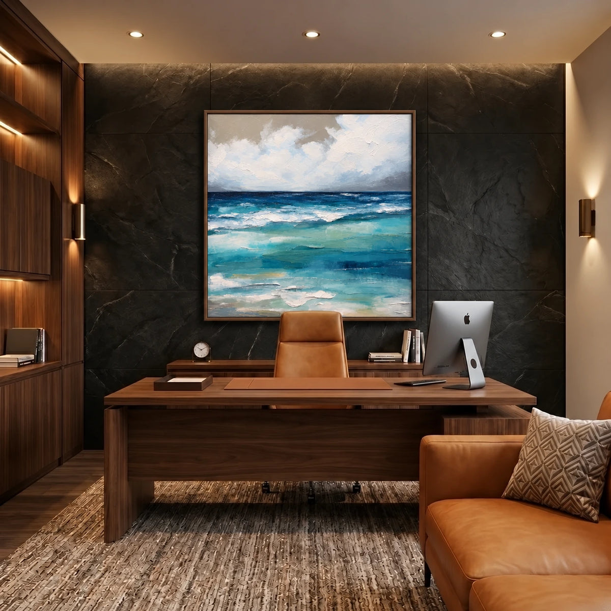 Azure Breakers artwork displayed above a wooden desk in a warm office.