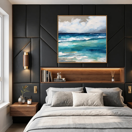 Azure Breakers artwork displayed above a bed against a dark paneled wall.