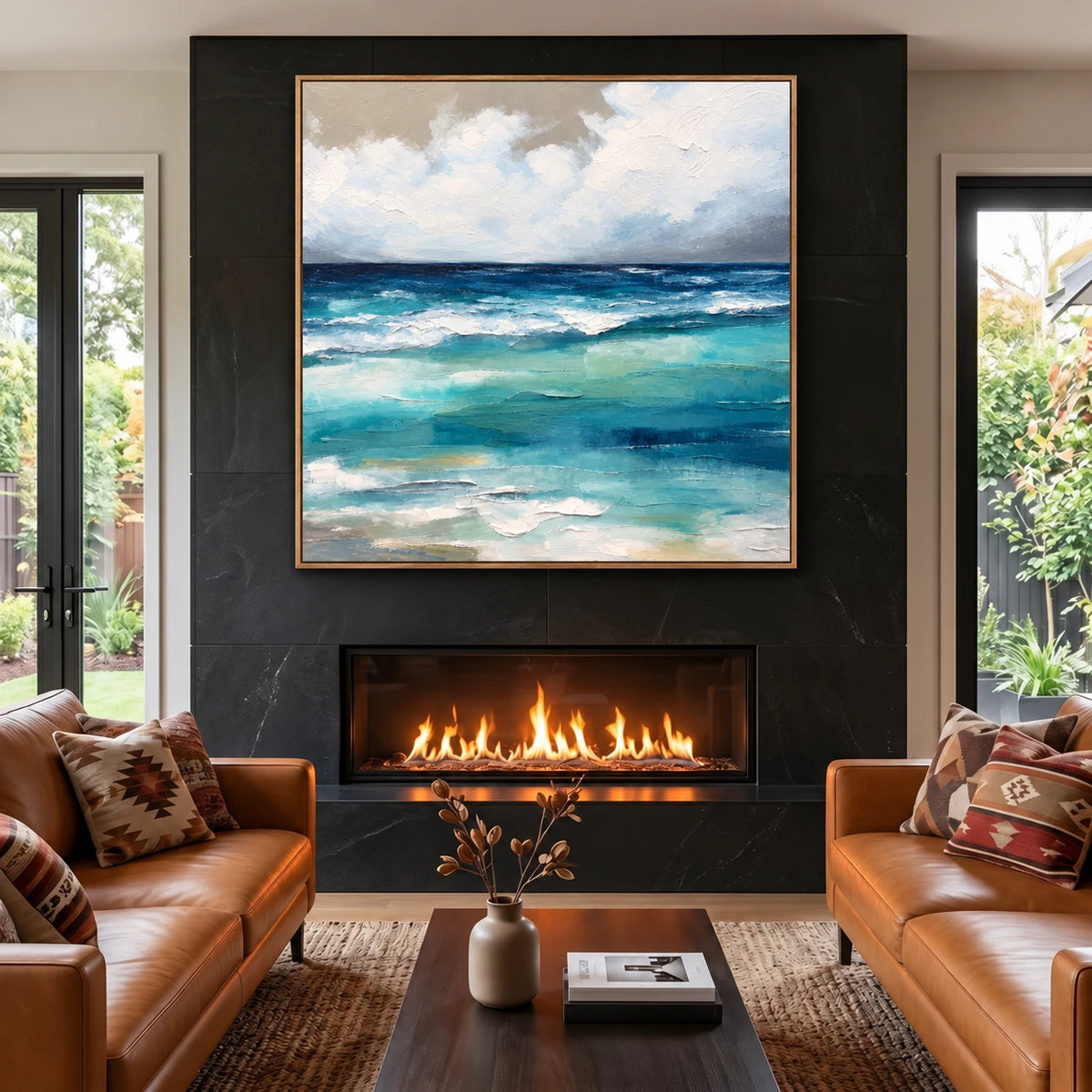 Azure Breakers artwork displayed above a fireplace between tall windows.