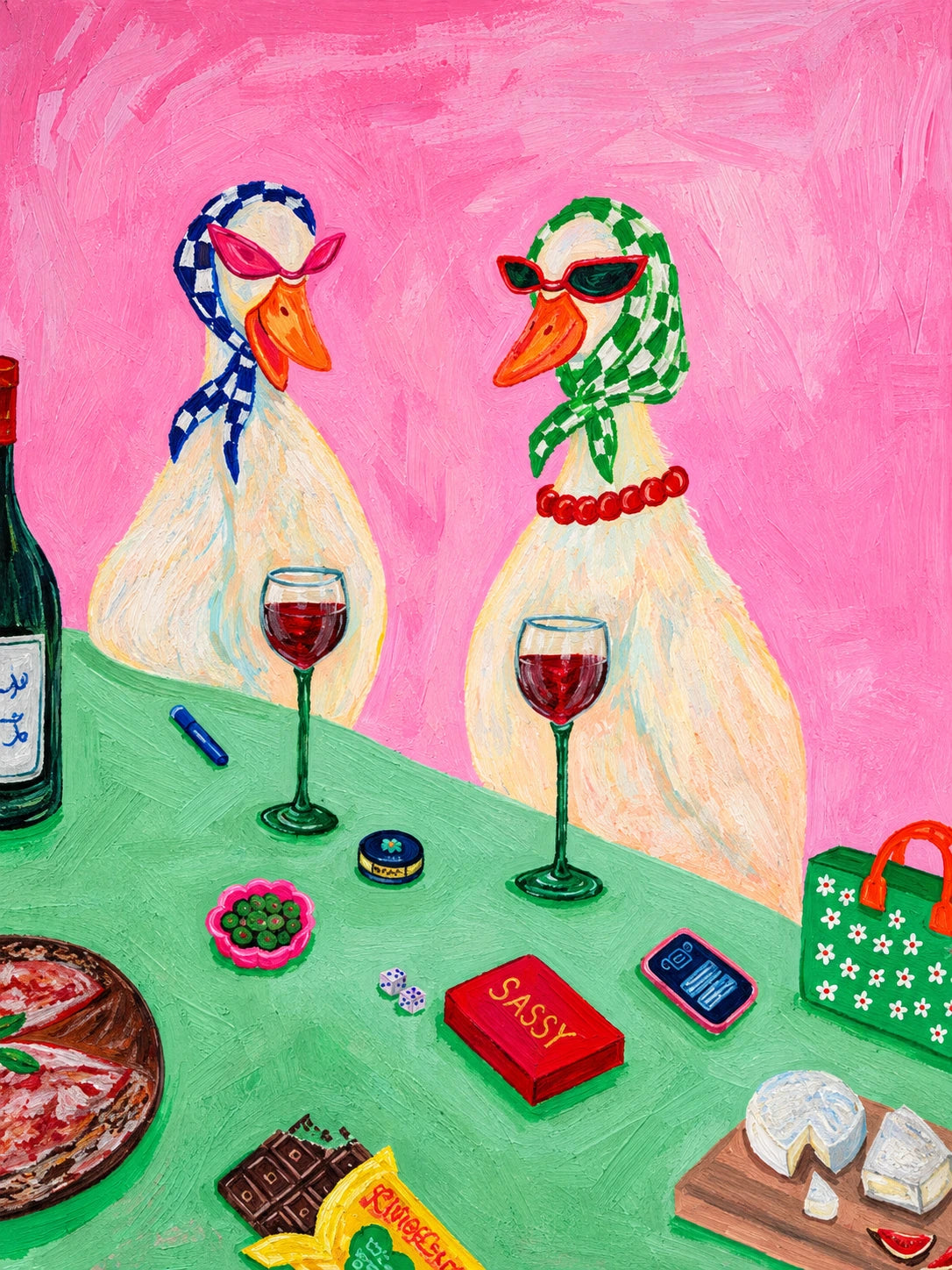 Bistro Ducks full artwork. Two stylish ducks in patterned headscarves share a green table set with wine glasses and colorful small objects.