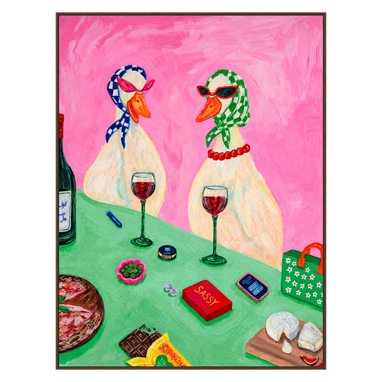 Bistro Ducks artwork in a warm brown wood frame on a transparent background.
