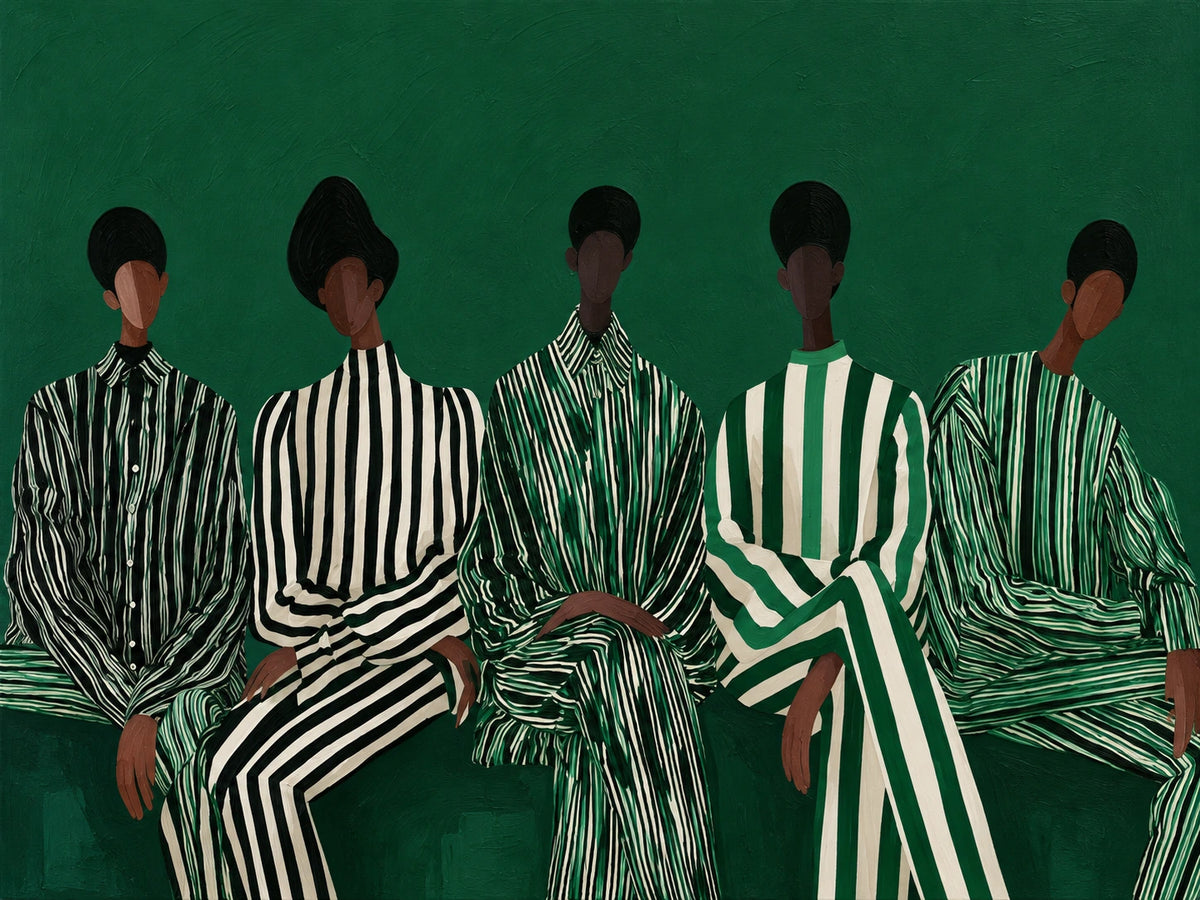 Emerald Assembly full artwork. Five seated figures wear contrasting striped garments against a deep emerald ground.