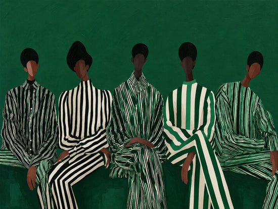 Emerald Assembly full artwork. Five seated figures wear contrasting striped garments against a deep emerald ground.