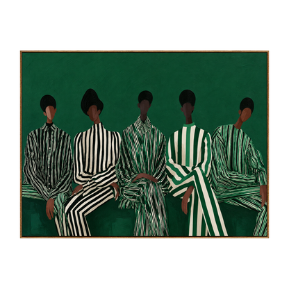 Emerald Assembly artwork in a natural wood frame on a transparent background.