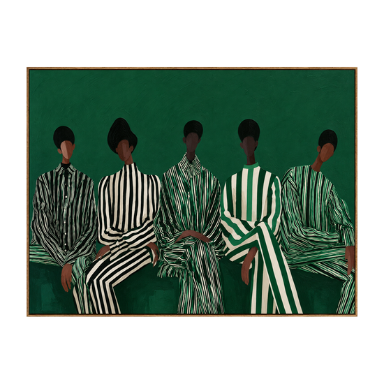 Emerald Assembly artwork in a natural wood frame on a transparent background.