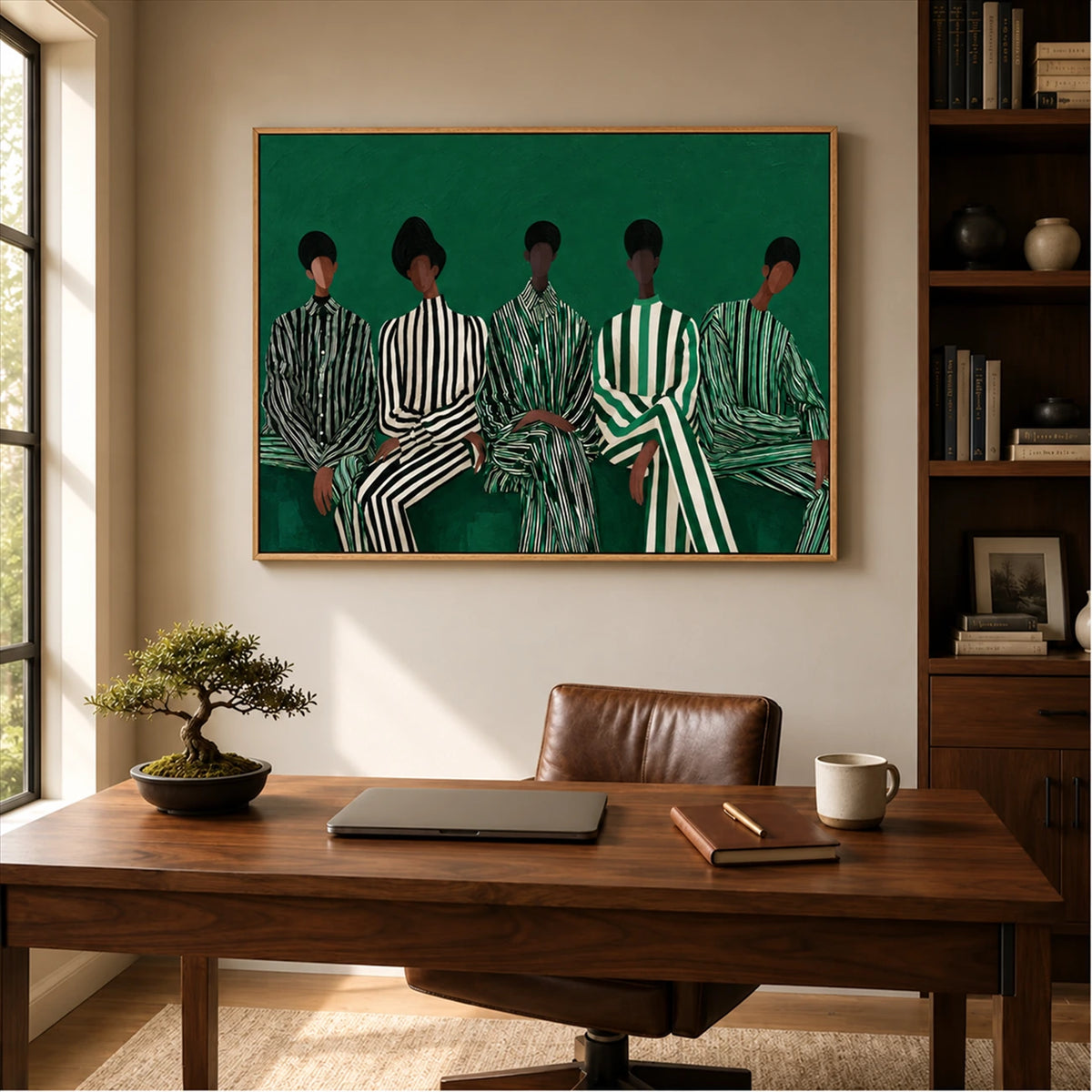 Emerald Assembly artwork displayed above a wooden desk beside bookshelves.