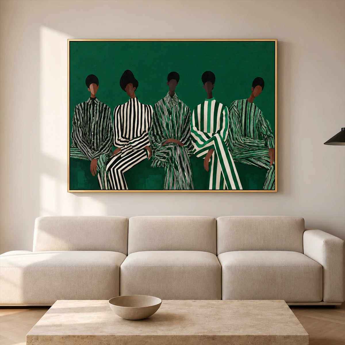 Emerald Assembly artwork displayed above a cream sofa.
