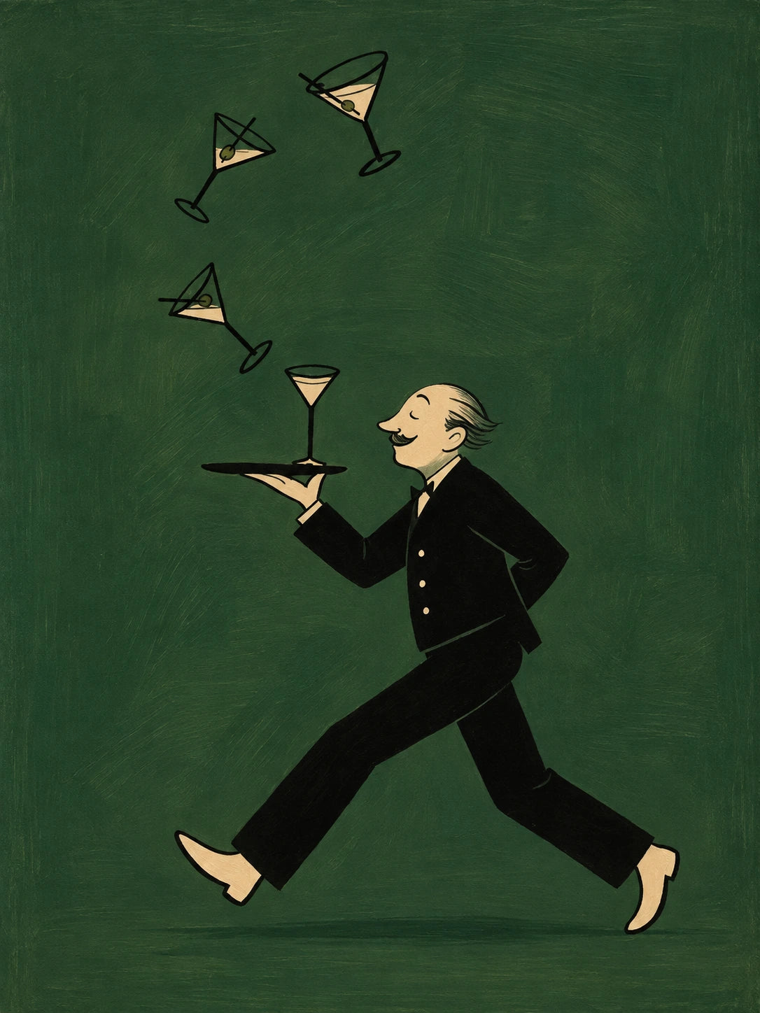 Martini March full artwork. A suited waiter strides across a deep green field beneath a playful arc of cocktail glasses.