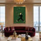 Martini March artwork displayed above a burgundy sofa between tall windows.
