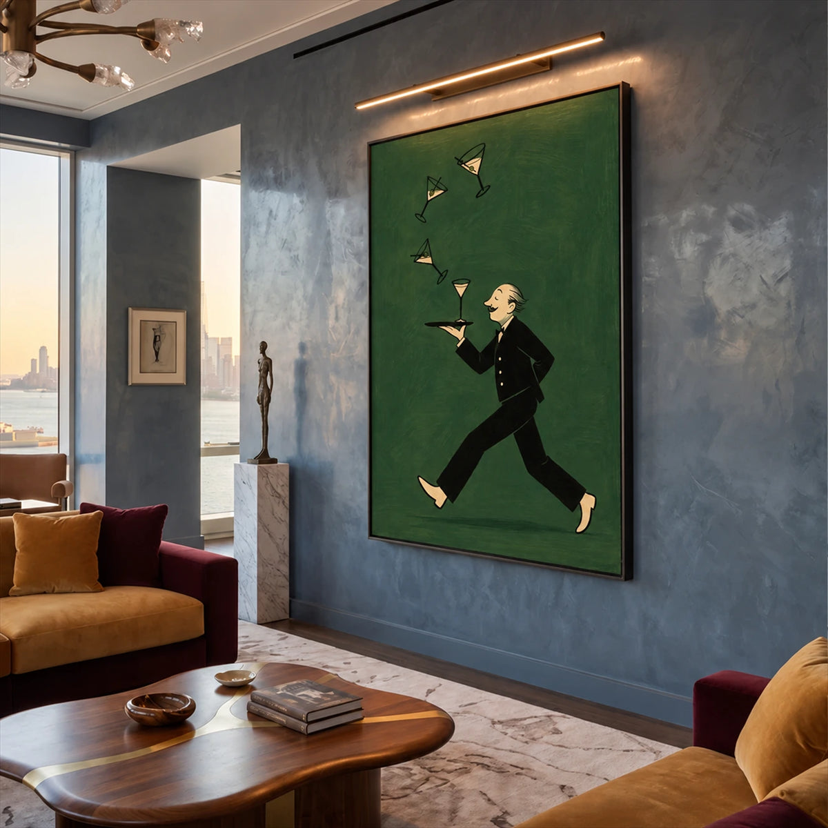 Martini March artwork displayed on a blue wall beside lounge seating.