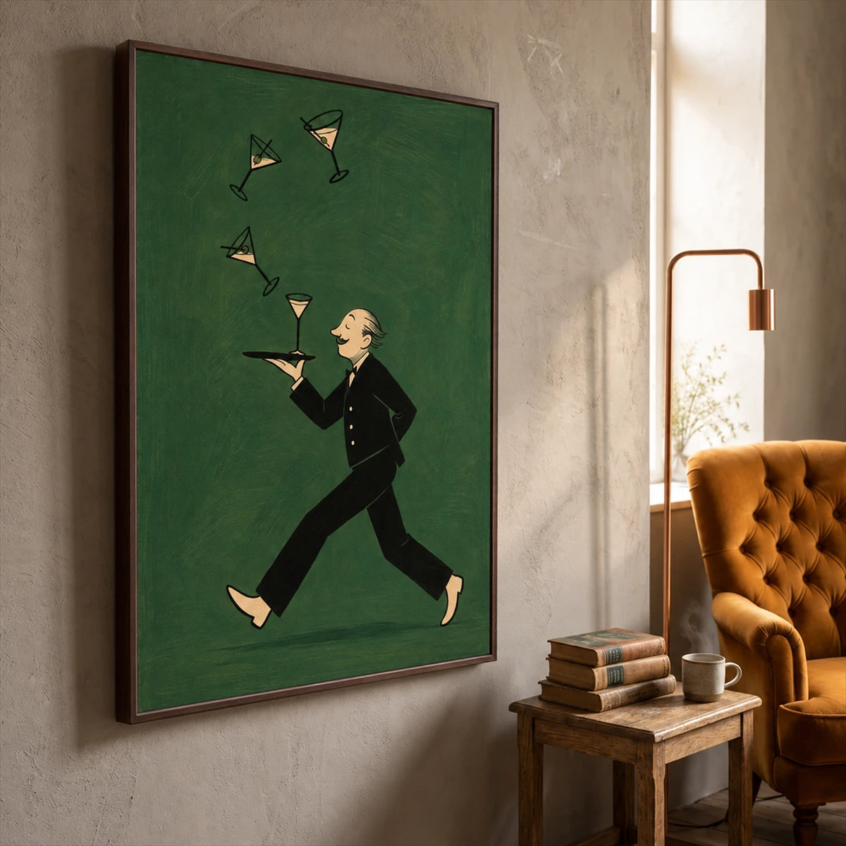 Martini March artwork displayed beside a mustard armchair.