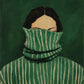 Hidden in Stripes full artwork. A dark-haired figure nestles into an oversized green striped collar, leaving only the upper face visible.