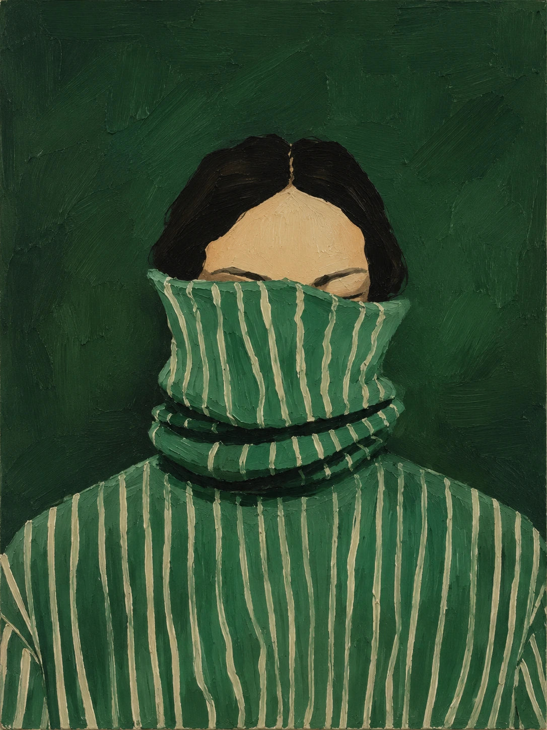 Hidden in Stripes full artwork. A dark-haired figure nestles into an oversized green striped collar, leaving only the upper face visible.