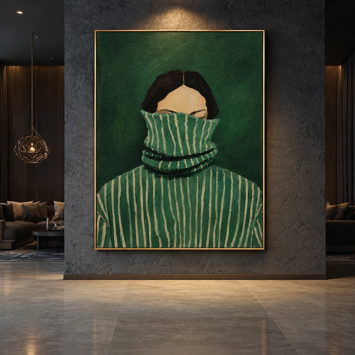 Hidden in Stripes artwork displayed on a tall dark lobby wall.