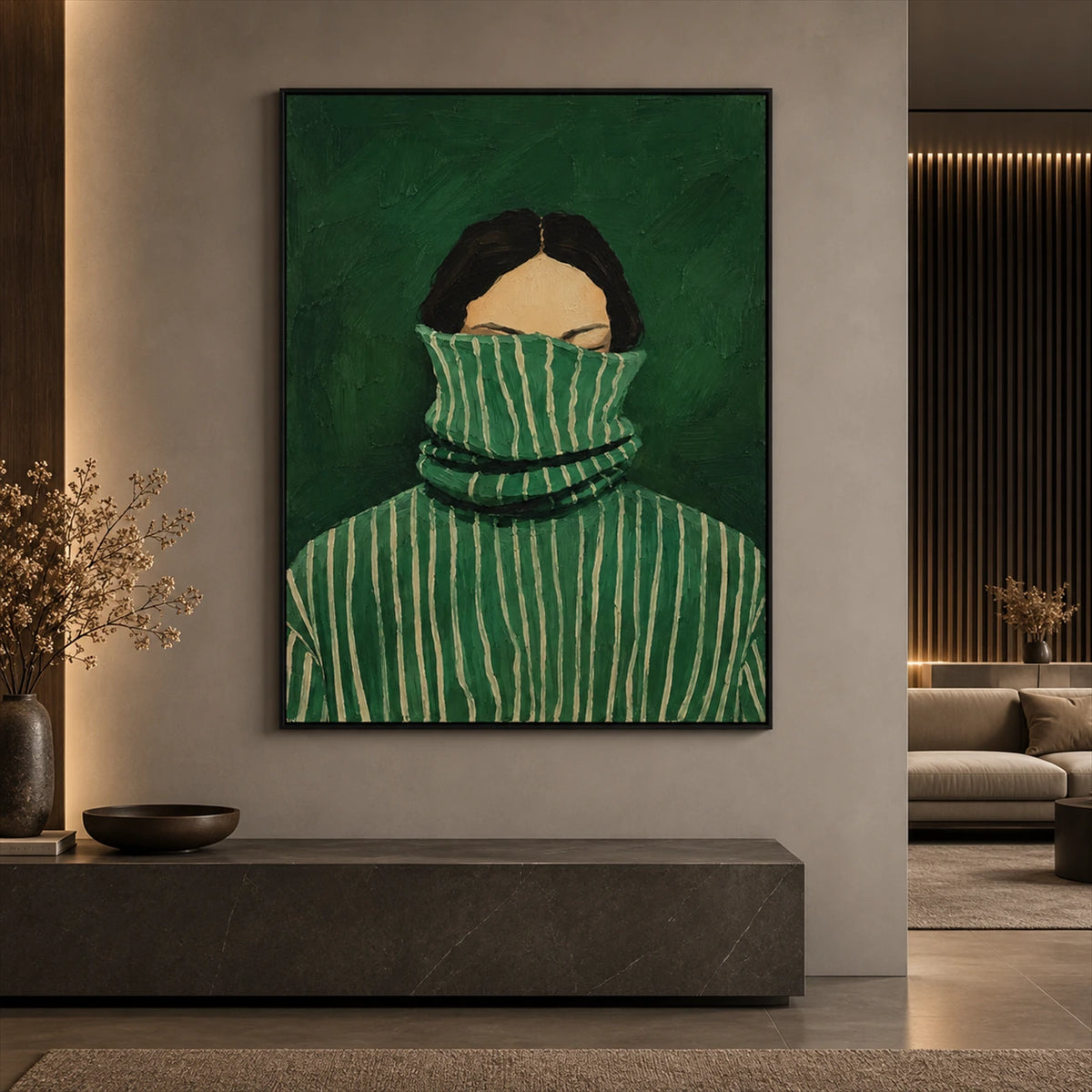 Hidden in Stripes artwork displayed above a low stone console.