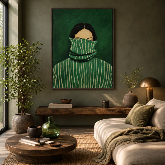 Hidden in Stripes artwork displayed above a wooden bench beside soft seating.