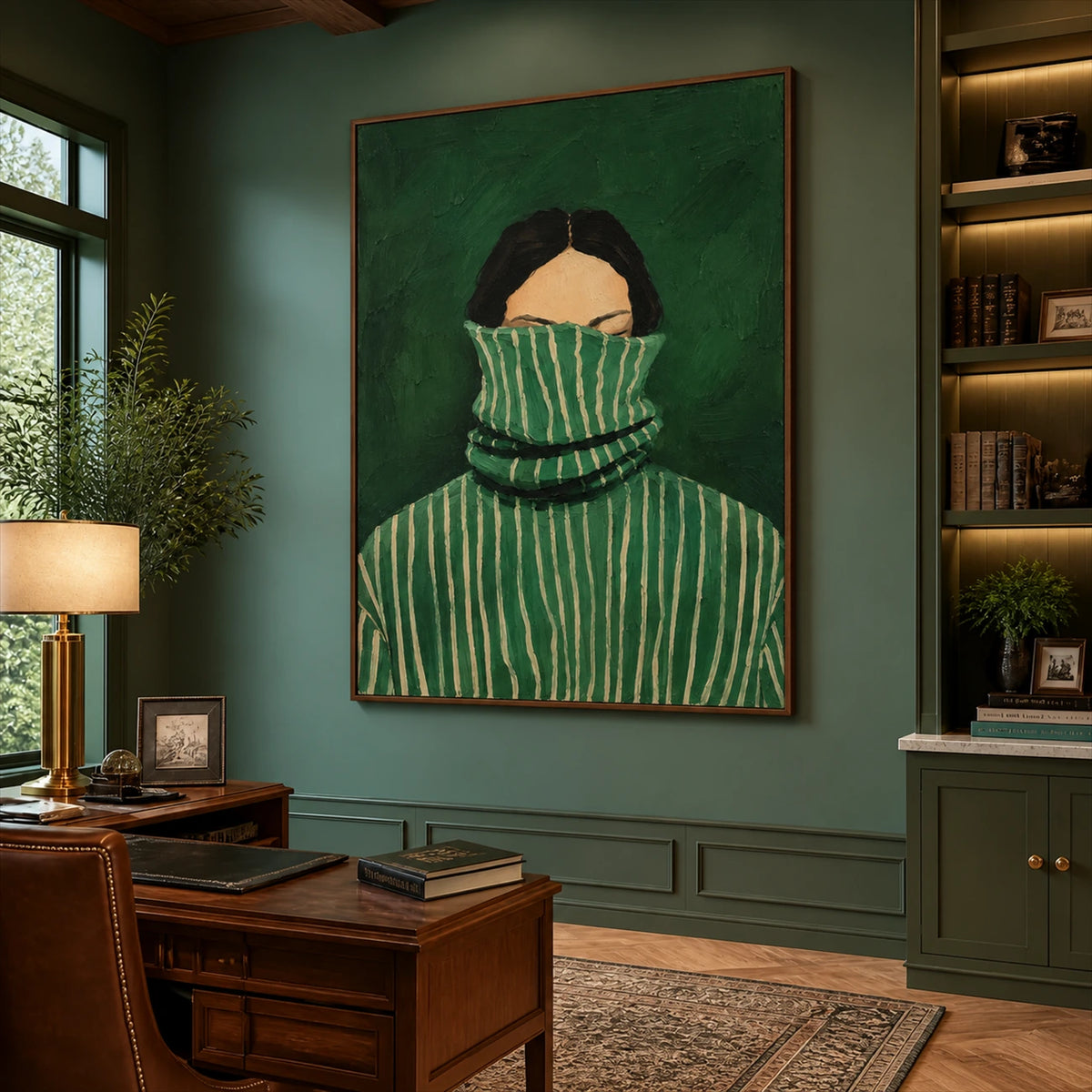 Hidden in Stripes artwork displayed beside a wooden desk and bookshelves.
