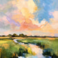 Pastel Estuary full artwork. A winding stream reflects peach, yellow, and blue clouds as it threads through a lush green meadow.