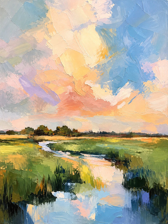 Pastel Estuary full artwork. A winding stream reflects peach, yellow, and blue clouds as it threads through a lush green meadow.