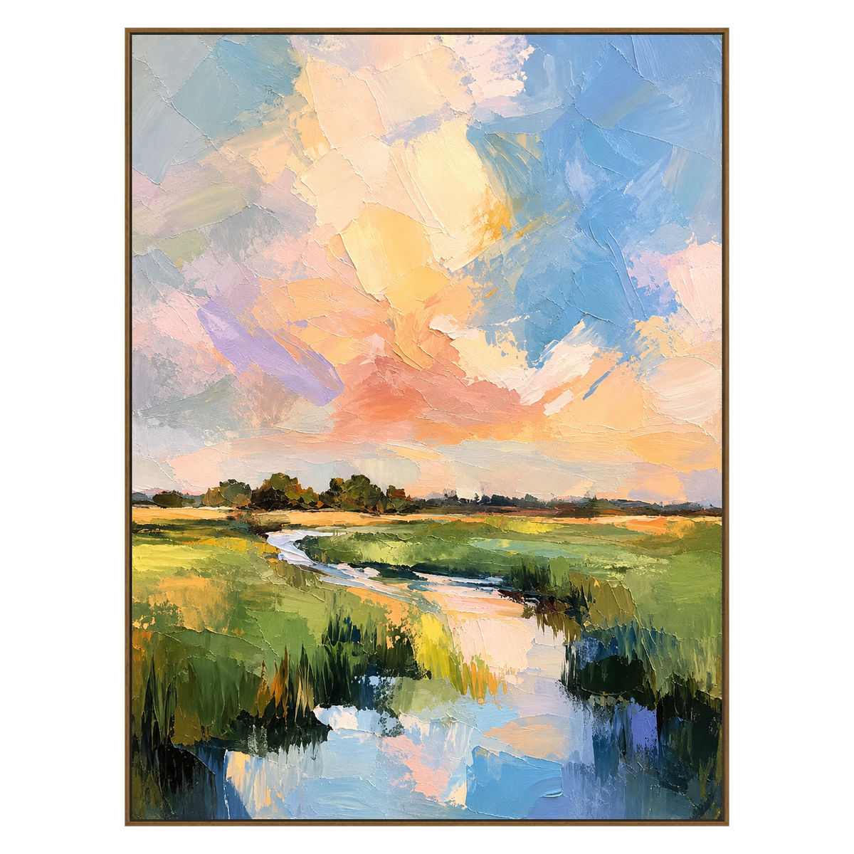 Pastel Estuary artwork in a natural wood frame on a transparent background.