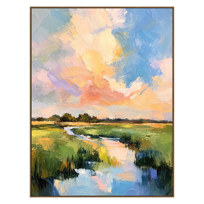 Pastel Estuary artwork in a natural wood frame on a transparent background.