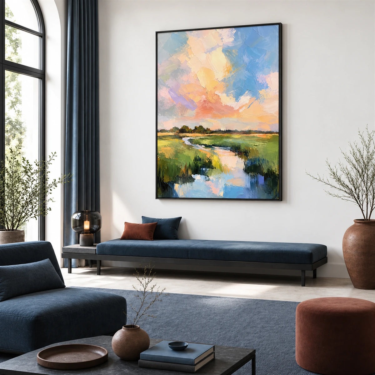 Pastel Estuary artwork displayed above a dark blue bench near an arched window.