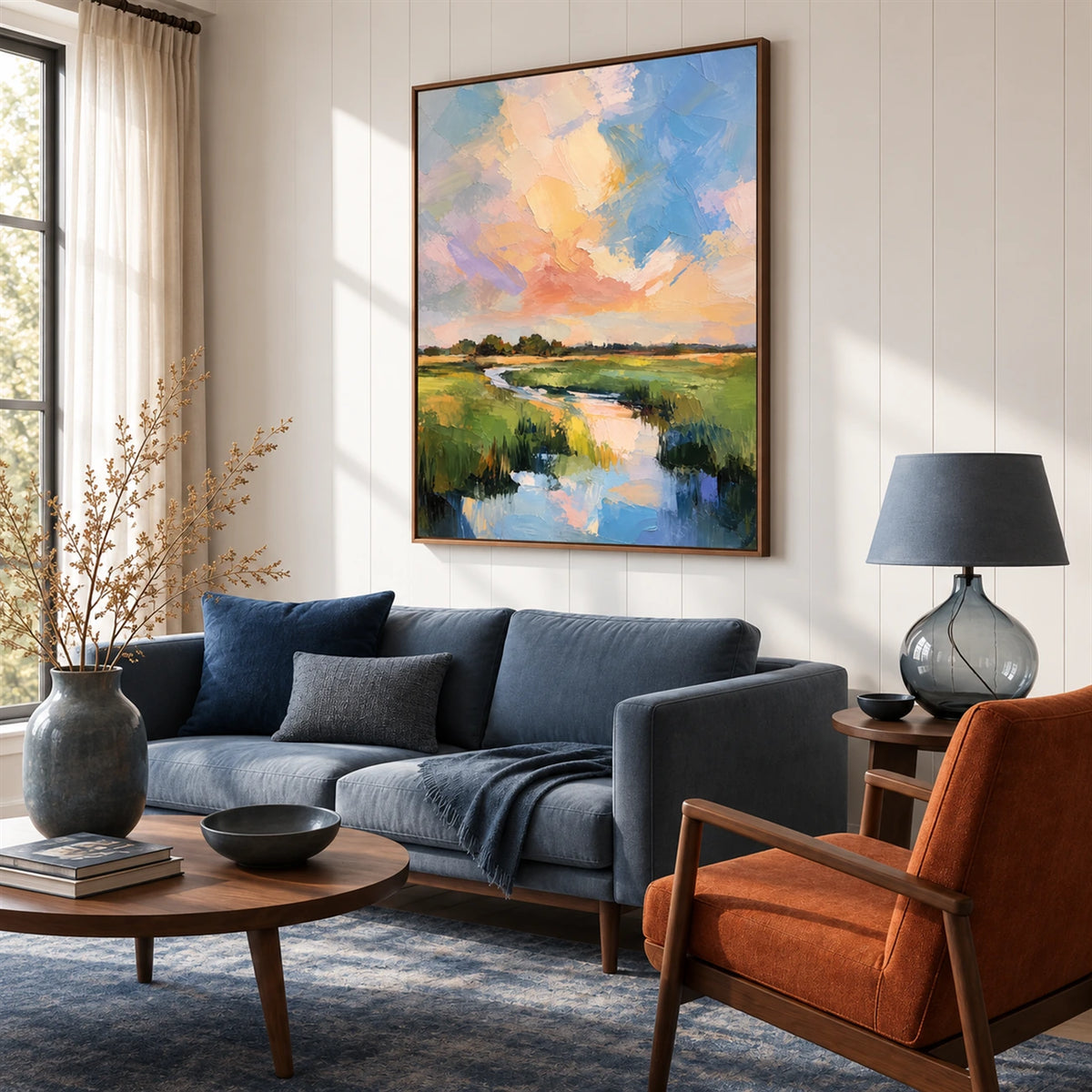 Pastel Estuary artwork displayed above a dark blue sofa.