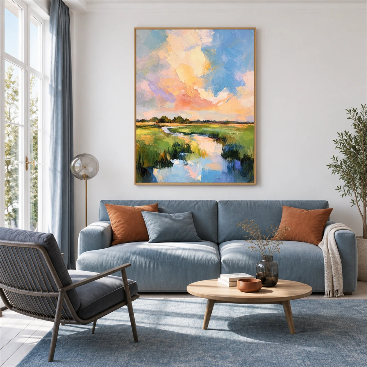 Pastel Estuary artwork displayed above a pale blue sofa beside a window.