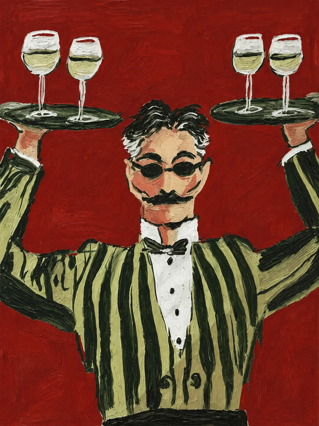 Dapper Service full artwork. A mustached waiter in dark glasses raises two trays of wine glasses against a rich red background.