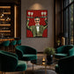 Dapper Service artwork displayed beside green lounge chairs in a bar.