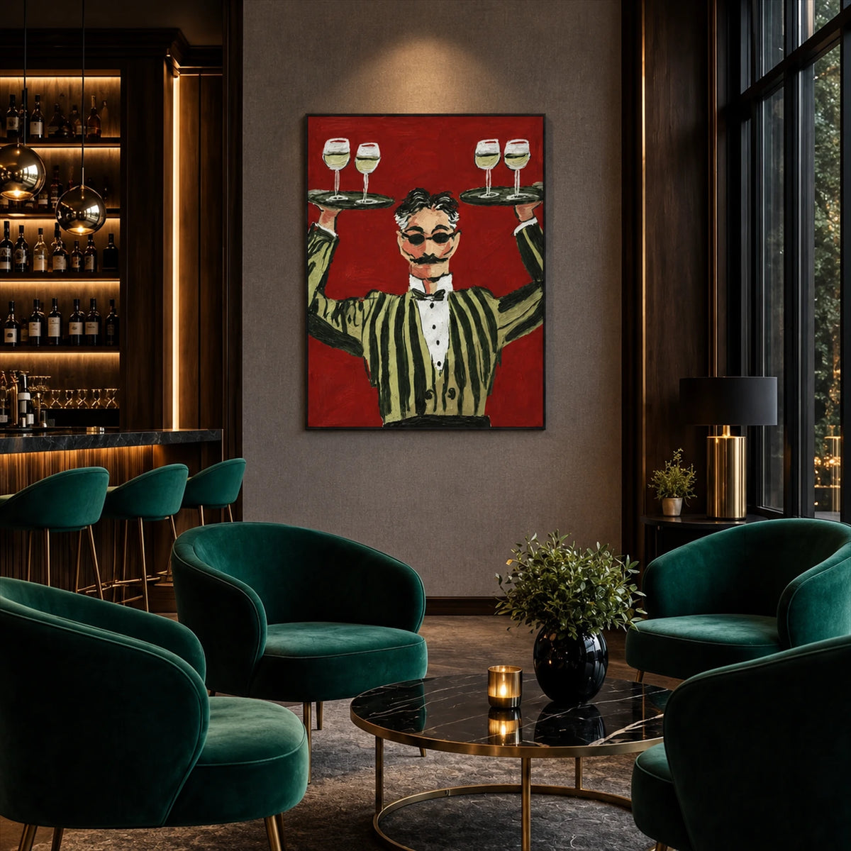 Dapper Service artwork displayed beside green lounge chairs in a bar.