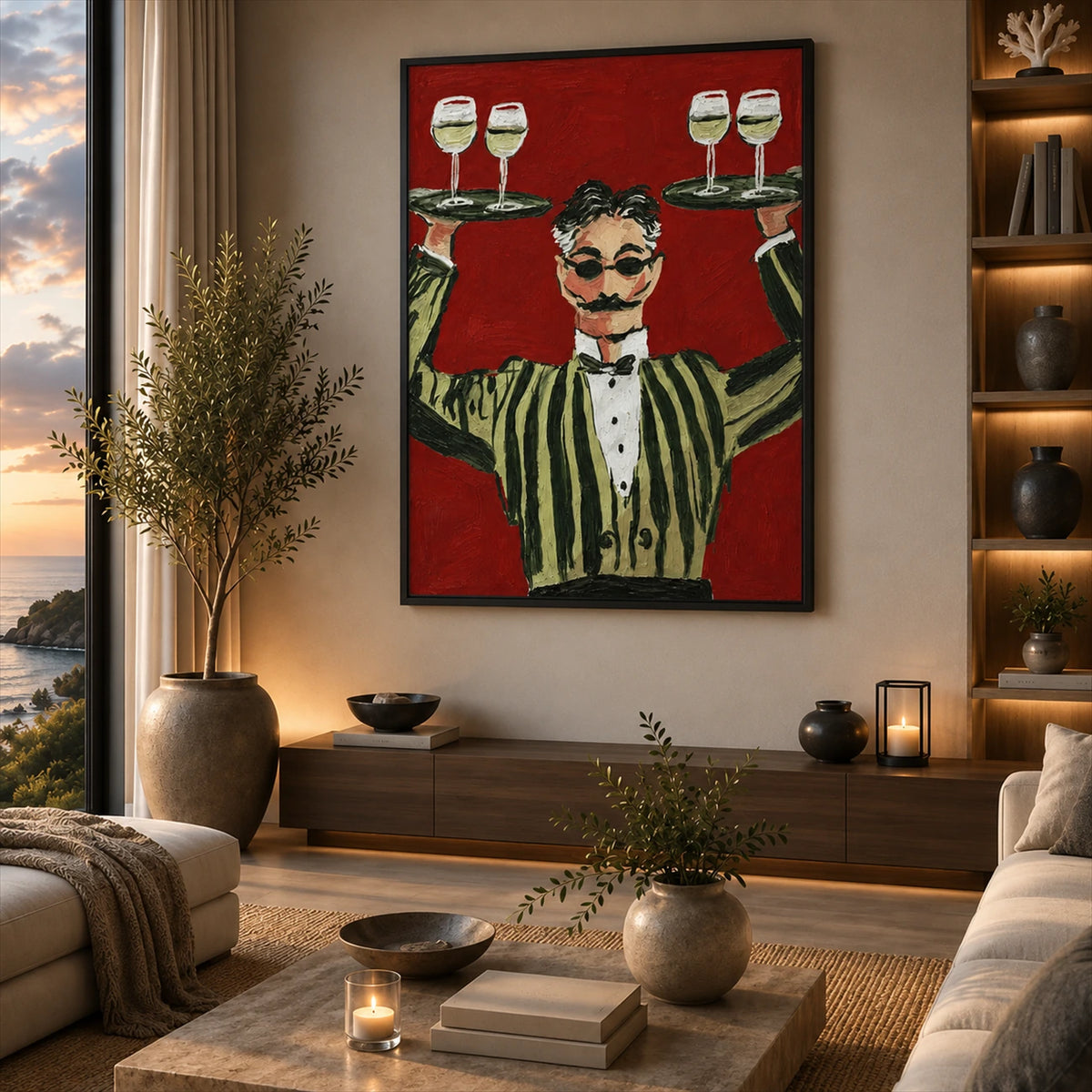 Dapper Service artwork displayed above neutral seating near a tall window.