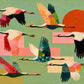 Patchwork Migration full artwork. A flock of long-necked birds crosses a pale green field beneath a bold orange sun.