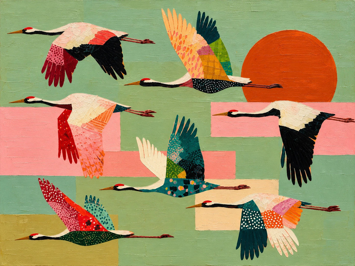 Patchwork Migration full artwork. A flock of long-necked birds crosses a pale green field beneath a bold orange sun.