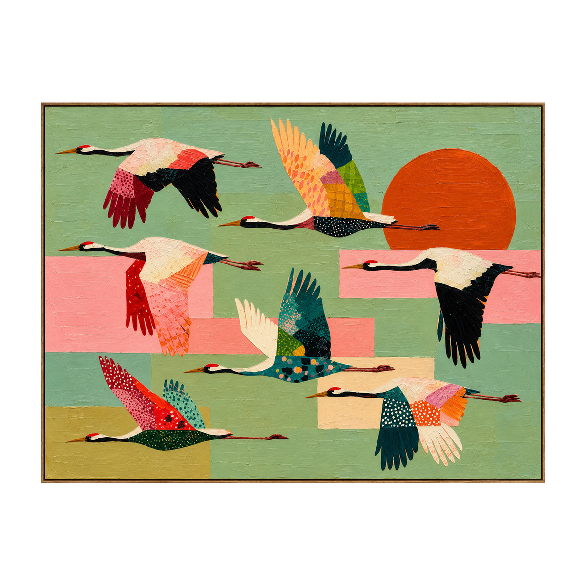 Patchwork Migration artwork in a natural wood frame on a transparent background.