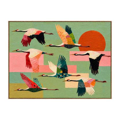 Patchwork Migration artwork in a natural wood frame on a transparent background.
