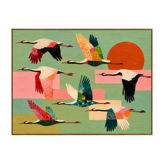 Patchwork Migration artwork in a natural wood frame on a transparent background.