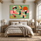Patchwork Migration artwork displayed above a bed beneath exposed ceiling beams.